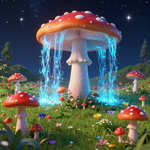 Whimsical CGI of glowing red-and-white mushrooms with blue bioluminescent drops under a starry night sky, surrounded by colorful flowers and smaller