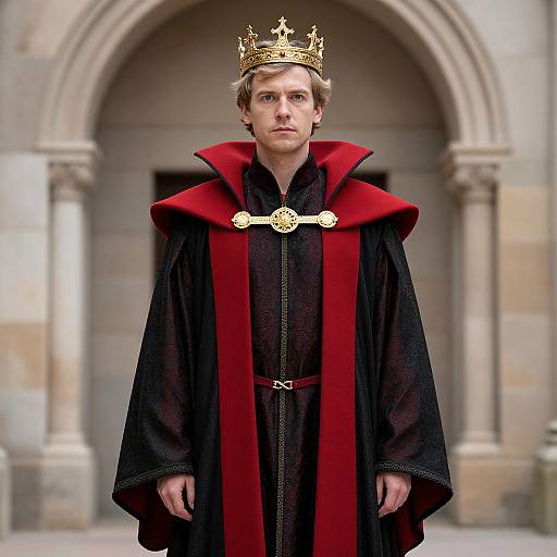 Photograph of a serious-looking Caucasian man with short blonde hair wearing a golden crown, black robe with red velvet trim, and ornate gold brooch