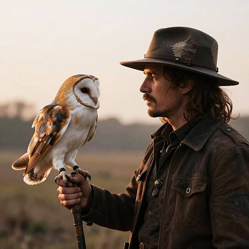 Photograph of a bearded man in a brown hat and jacket, holding a barn owl on his gloved hand at sunset.