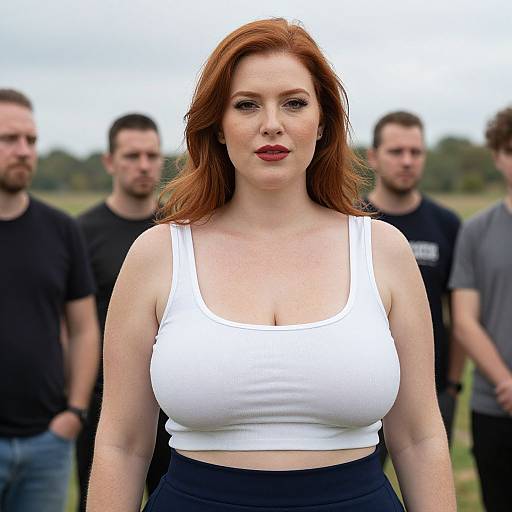 Photograph of a fair-skinned, red-haired woman with large breasts in a white tank top, standing in front of four blurred, casually dressed men