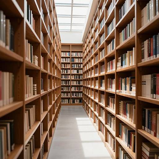 Photograph of a narrow, well-lit library aisle with tall wooden bookshelves on both sides, filled with variously colored books.