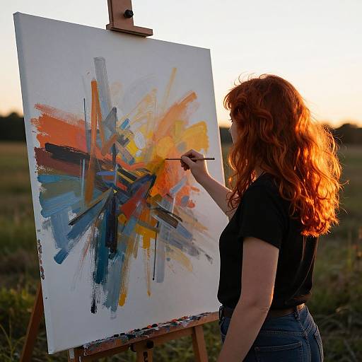 Photograph of a redhead woman with wavy hair, wearing a black shirt and blue jeans, painting an abstract colorful canvas at sunset outdoors.