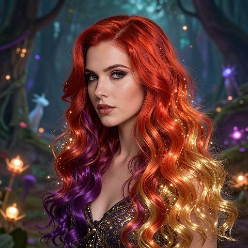 Digital portrait of a fair-skinned woman with vibrant red-to-purple-to-gold ombre hair, glowing forest background, wearing a sparkly black