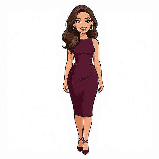Digital illustration of a smiling woman with long brown hair, wearing a form-fitting purple dress and matching heels, standing against a plain white background.