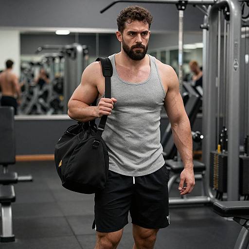 Muscular Man Walking in Gym with Gym Bag
