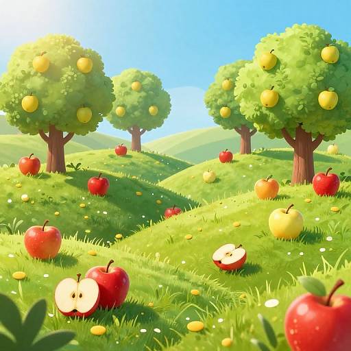 Bright digital illustration of a sunny apple orchard with green hills, red and yellow apples, trees, and a clear blue sky.