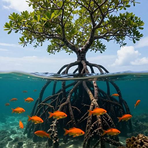 Photograph of vibrant orange fish swimming around the exposed roots of a mangrove tree underwater, with green leaves above waterline. Clear blue sky in background