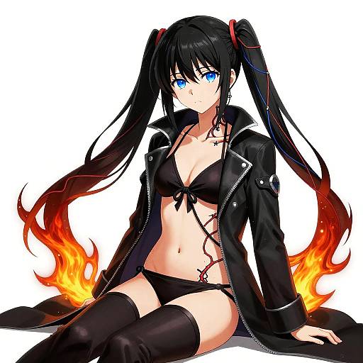 Digital anime illustration of a black-haired girl with blue eyes, wearing a black bikini and jacket, thigh-high socks, with flaming hair ends, seated against
