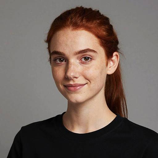 Photograph of a young woman with fair skin, red hair in a ponytail, freckles, wearing a black shirt, smiling softly against a
