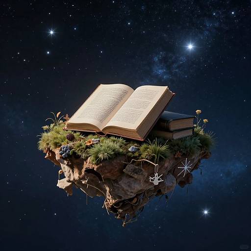 Digital artwork of an open book on a rocky, grassy island floating in starry space, surrounded by flowers and small plants.