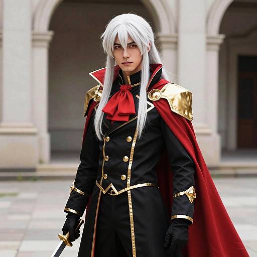 Digital art of a silver-haired, androgynous character in a black, gold-trimmed military outfit with a red cape, standing in a