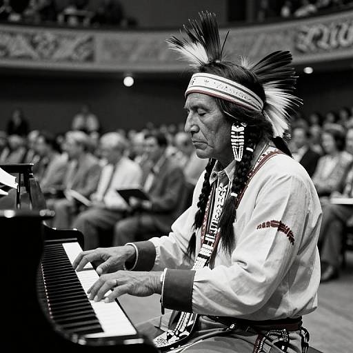 Black-and-white photograph of an elderly Native American man with a feathered headband, playing a keyboard in a crowded auditorium.
