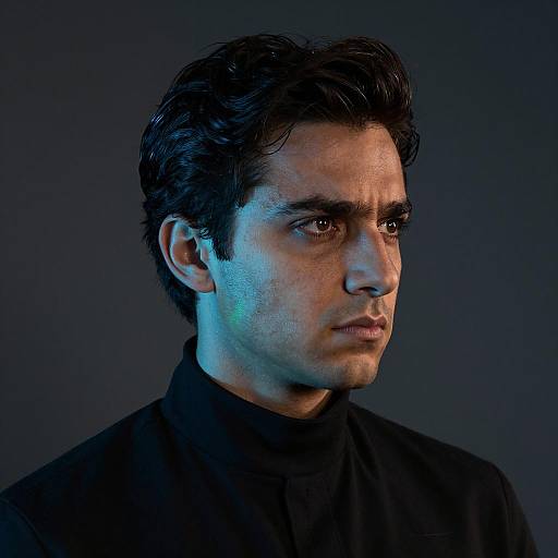 Serious Man in Black High-Collar Shirt with Colorful Lighting