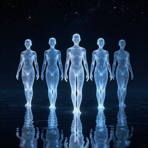 Digital art of five glowing, blue, translucent human silhouettes walking in a line on a reflective, starry water surface.