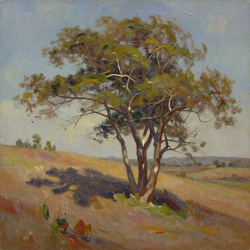 Impressionist painting of a lone tree with sparse foliage casting a shadow on a sunlit, grassy hill under a blue sky.