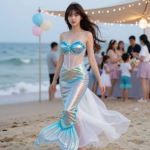 Photograph of an Asian woman with long black hair, wearing a metallic blue and white mermaid costume, walking on a beach at sunset, with a