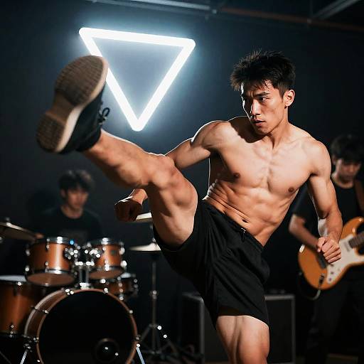 Dynamic Mid-Kick Photo of Muscular Man