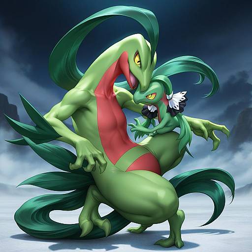 Illustration of Grovyle, pokemon in the style of Stanley lau