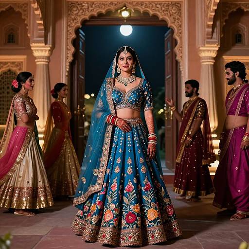 Photograph of an Indian bride in a blue, floral-embroidered lehenga with a matching veil, standing in an ornate, lit courtyard