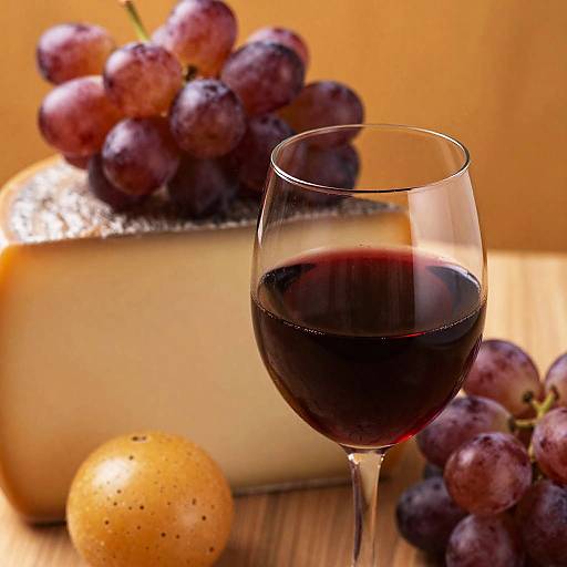 Photograph of a glass of red wine, purple grapes, a cheese block, and a speckled quince on a wooden surface.