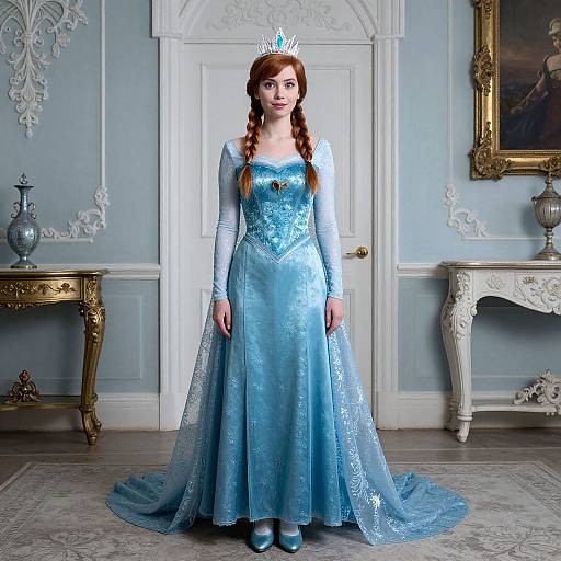 Photograph of a fair-skinned woman with red braids, wearing a blue, long-sleeve, snowflake-patterned gown and tiara