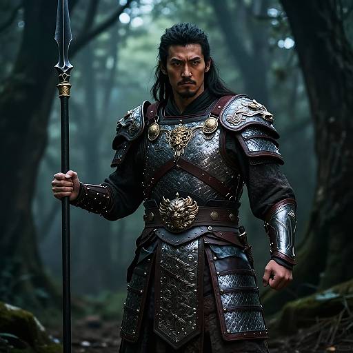 Photograph of a muscular, dark-haired man in detailed, silver and brown medieval armor, holding a spear in a misty forest.