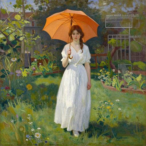 Digital painting of a fair-skinned woman with red hair, wearing a white dress, holding an orange umbrella in a vibrant, sunlit garden.