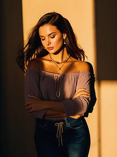 Casual Chic Woman with Mauve Off-Shoulder Top