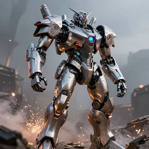 Photorealistic CGI of a silver, armored robot with glowing blue eyes and red lights, standing amidst a smoke-filled, fiery battlefield.