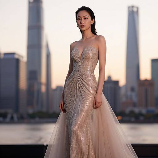 Photograph of an Asian woman with long black hair in a shimmering, strapless, mermaid-style gown with a tulle skirt, standing against