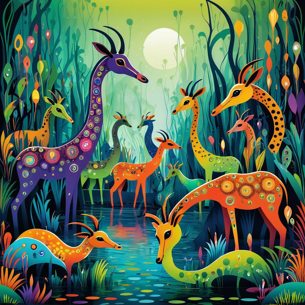 Bizarre Creatures in a Colorful River Scene