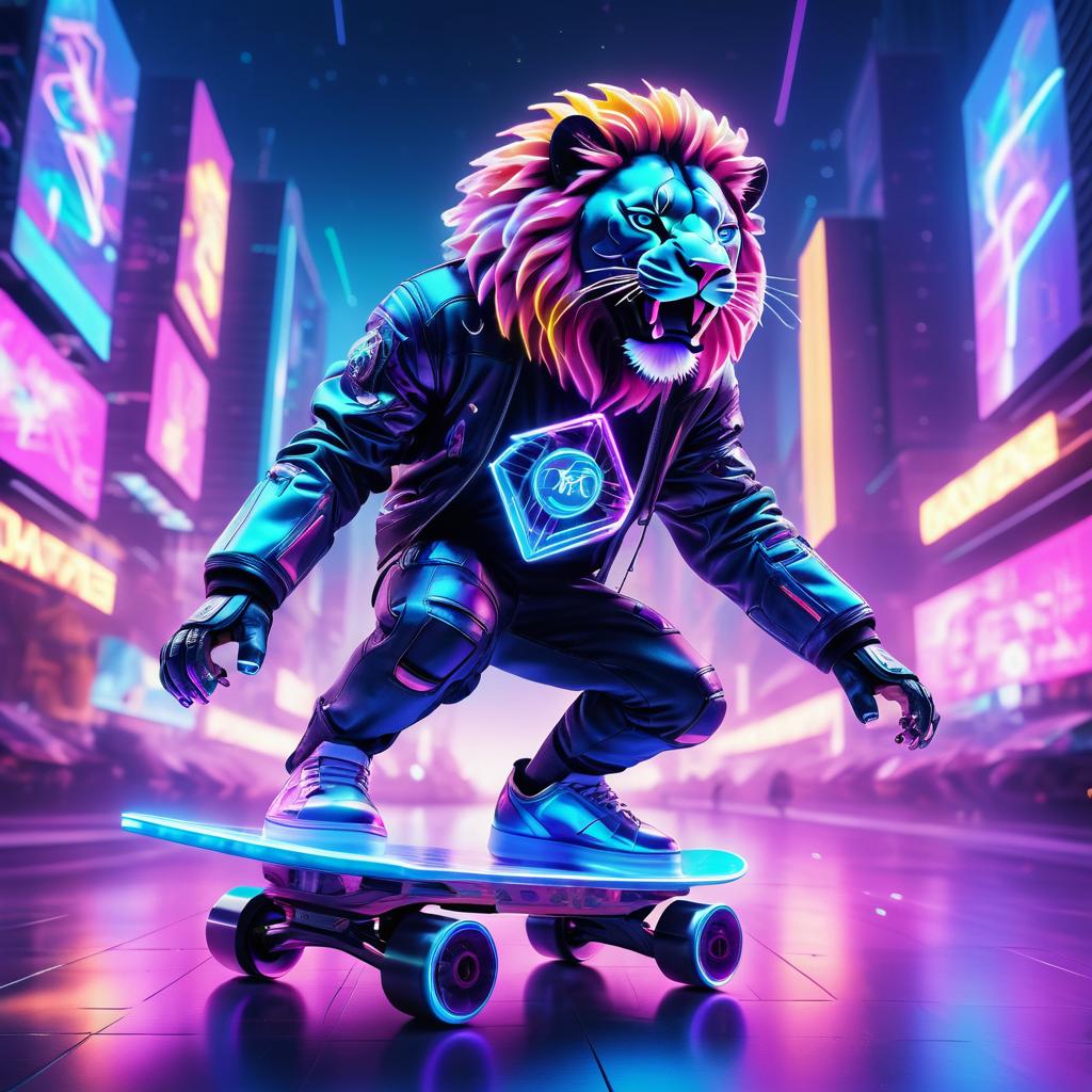 Cybernetic Lion Skating in Neon City