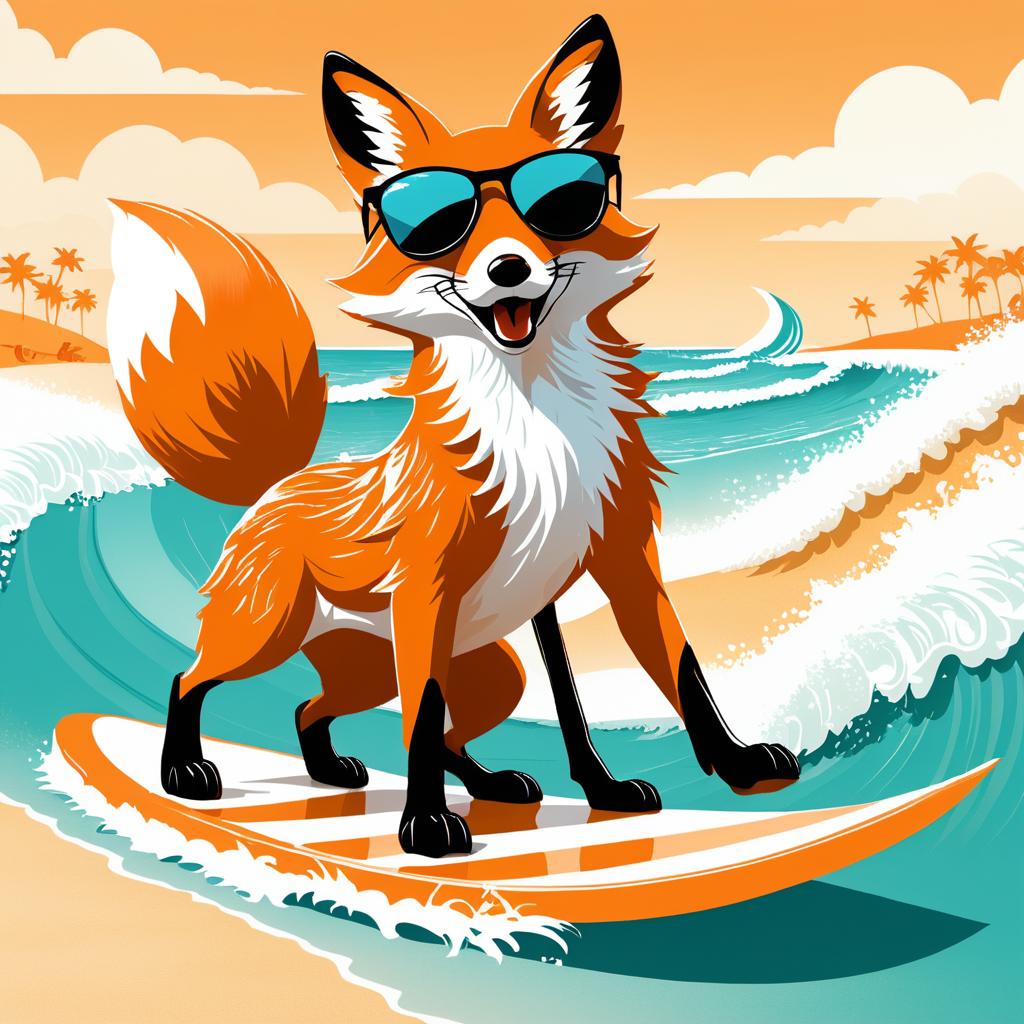 Sunglass-Wearing Fox Surfing at the Beach