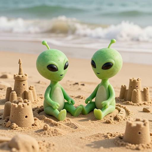 Photograph of two green, alien-like, cartoon figures with black eyes sitting on a sandy beach, surrounded by small sandcastles, with waves in