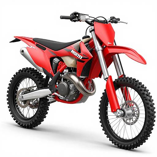 Photograph of a bright red off-road motorcycle with black tires, silver exhaust, and 
