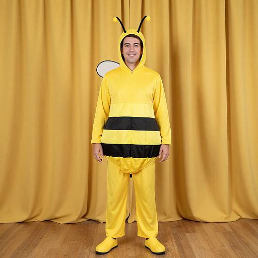 Photograph of a smiling man in a bright yellow bee costume with black stripes, antennae, and yellow shoes, standing in front of yellow curtains on