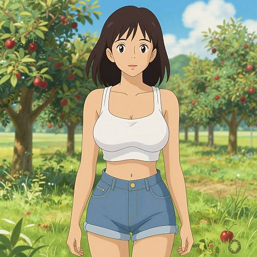 Anime-style digital drawing of a young woman with short black hair, wearing a white tank top and blue shorts, standing in a sunny apple orchard with