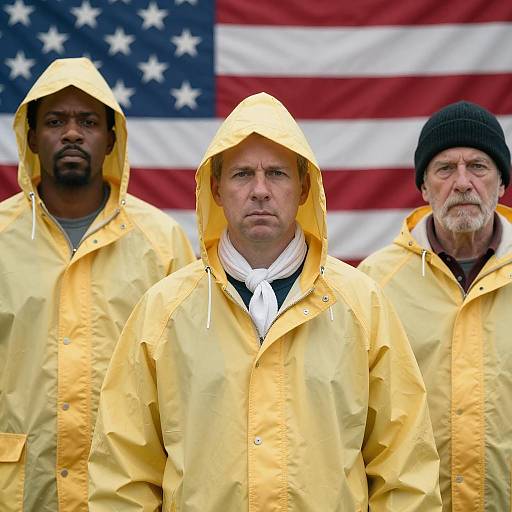 Three Men in Yellow Raincoats with American Flag