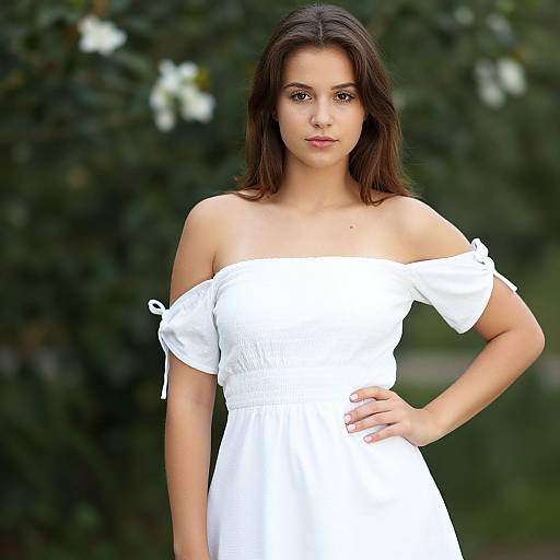 Photograph of a young woman with medium-length brown hair, wearing an off-shoulder white dress, standing with one hand on her hip, against
