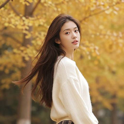 Photograph of an Asian woman with long dark hair, wearing a white fuzzy sweater, standing against a vibrant autumn background with yellow leaves.