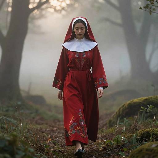 Photograph of a young Asian woman in a red nun's habit with white wimple, walking through a misty forest path.