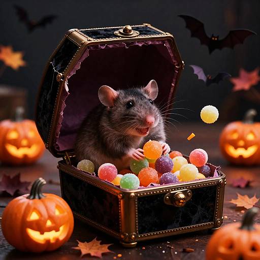 Happy Rat in Vintage Candy Coffin with Halloween Decor