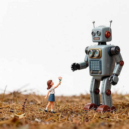 Girl Giving Flower to Retro Robot in Rain