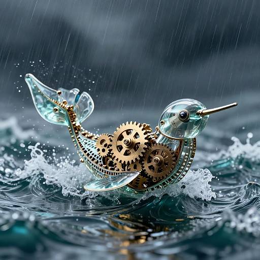 Digital art: Steampunk-style glass fish with golden gears, swimming in rain-soaked ocean, splashing water, clear tail fin, and horn
