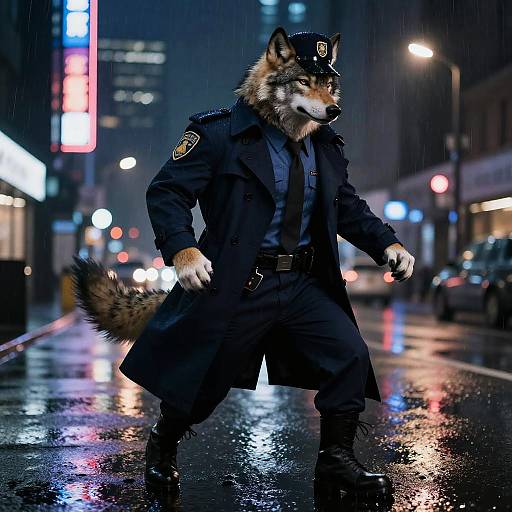 Anthropomorphic wolf in dark police uniform, rain-soaked urban street at night, neon lights reflecting on wet pavement, digital art.