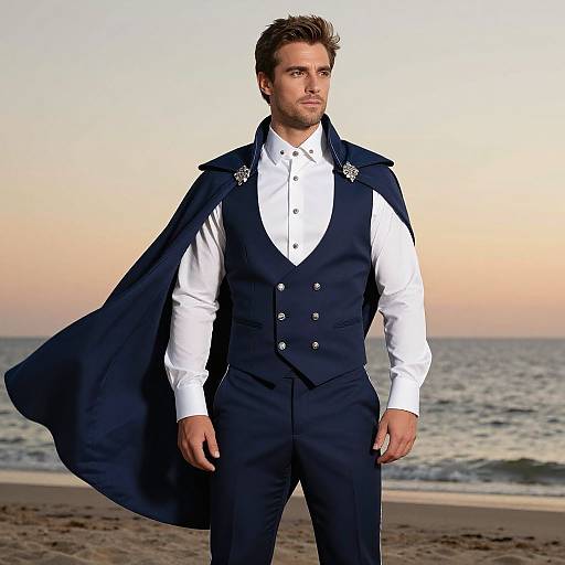 Photograph of a handsome man with short brown hair, wearing a navy blue vest, white shirt, and matching cape, standing on a beach at sunset
