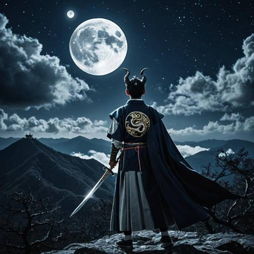 Samurai with Sword Under Full Moon