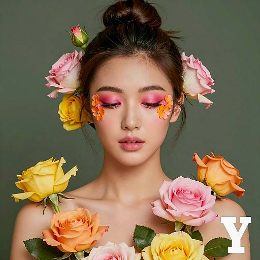 Woman with Floral Makeup and Roses
