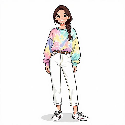 Digital illustration of a smiling young woman with long brown hair in a braid, wearing a pastel tie-dye sweater, white pants, and gray
