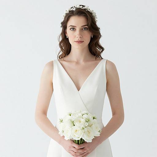 Photograph of a fair-skinned, brunette bride with wavy hair, wearing a white V-neck wedding dress and holding a bouquet of white roses,